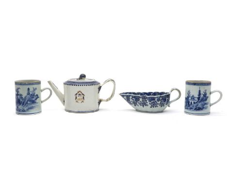 A collection of Chinese blue and white porcelain,18th-19th century, comprising: a teapot and cover, of cylindrical form, pain