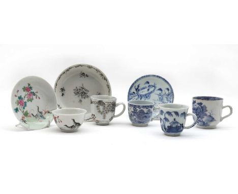 A collection of Chinese cups and saucers,18th to 19th century, comprising: a famille rose cup, painted with peonies and geese