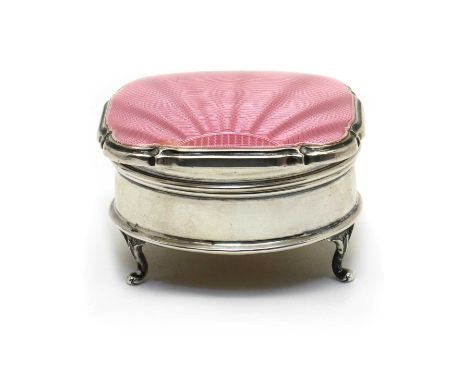 A George V silver trinket box,by Walker and Hall, Sheffield 1932, of circular form, with a square lid, the lid with pink guil