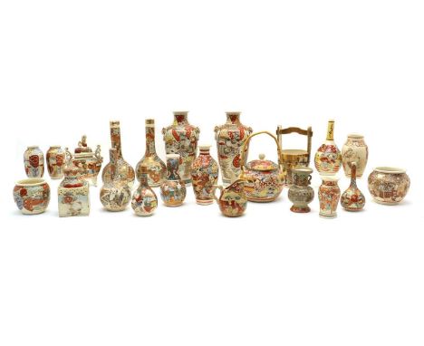 A collection of Japanese Satsuma ware,20th century, comprising: fifteen vases, a teapot, two jars, a koro, a milk jug, a tea 