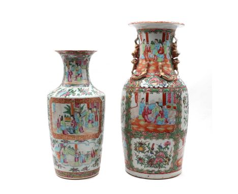Two Chinese Canton enamelled famille rose vases,19th century, comprising: one of cylindrical form rising to a flared lobed ri