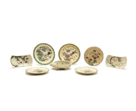 A collection of Japanese Satsuma ware plates,early 20th century, comprising nine circular, two shaped rectangular and one in 