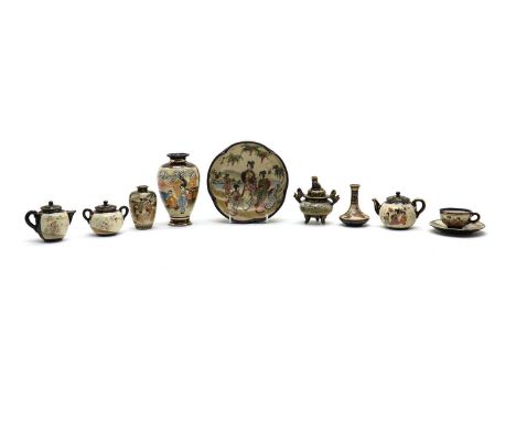 A collection of Japanese Satsuma ware, 20th century, comprising: one lobed bowl, a koro and cover, three vases, a teapot, a m