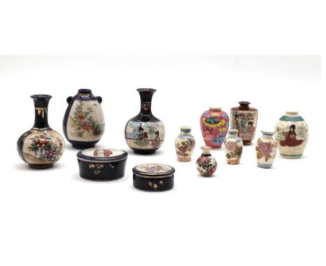 A collection of Japanese Satsuma ware miniatures,20th century, including vases, a teapot, jars, salts and boxes, decorated wi