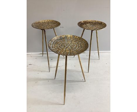 A set of three Contemporary circular gilt metal tripod tables, diameter 34cm, height 59cm. Condition - good