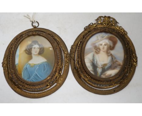 J Steiler, miniature on ivory, portrait of Anna R Kaula, and another Le Beau, c.1900, in pierced gilt-metal frames. CITES Sub