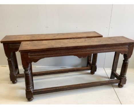 A pair of 18th century style rectangular oak console tables, width 162cm, depth 34cm, height 81cm. Condition - fair Chips and