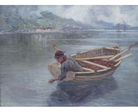 John Gilbert Graham (Scottish, 1794-1866), oil on canvas, 'Fishing on a Loch', signed, 45 x 60cm, gilt framed. Condition - fa