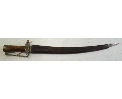 A William III English hunting hanger with pierced brass mounts,  stag horn grip, blade struck with king’s head, in its leathe