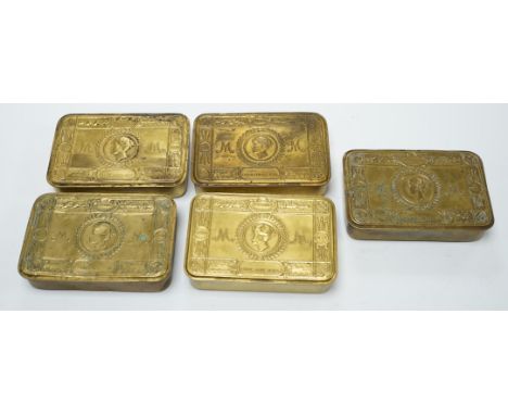 Five First World War Princess Mary Christmas 1914 tins. Condition - fair, contents missing