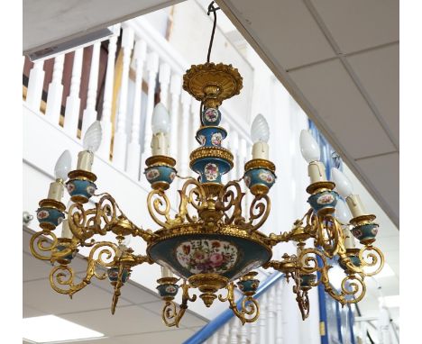 A Sevres style porcelain and gilt metal mounted twelve light chandelier, late 19th / 20th century, 60cm high excluding chain.