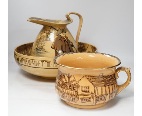 A Royal Doulton pottery Night Watchman three piece toilet set comprising wash jug, basin and chamber pot, largest 36cm in dia