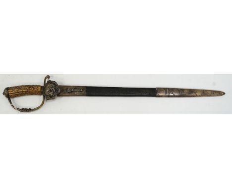 A silver mounted Continental hunting hanger, side guard and knuckle bow with raised decoration, stag horn grip, leather scabb
