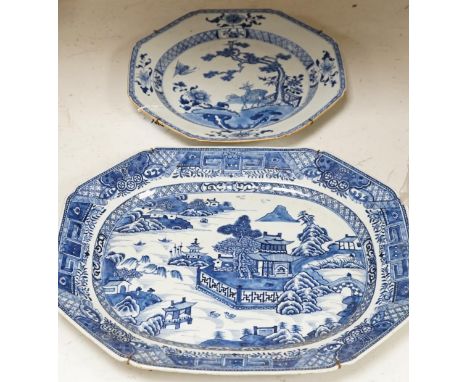 Two 18th century Chinese blue and white dishes, largest 44.5cm long. Condition - fair Larger plate light surface wear not eas