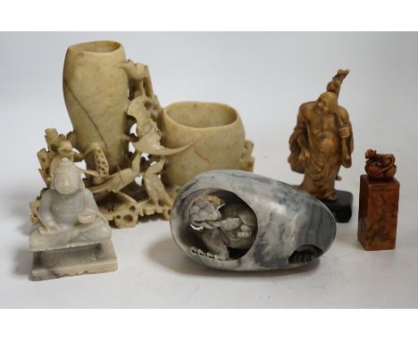 A collection of Chinese soapstone carvings, bowenite jade etc. largest 23cm wide. Condition - varies, mostly fair