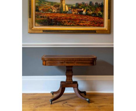 A George IV satinwood banded mahogany D shaped folding card table, width 90cm, depth 44cm, height 72cm. Condition - good