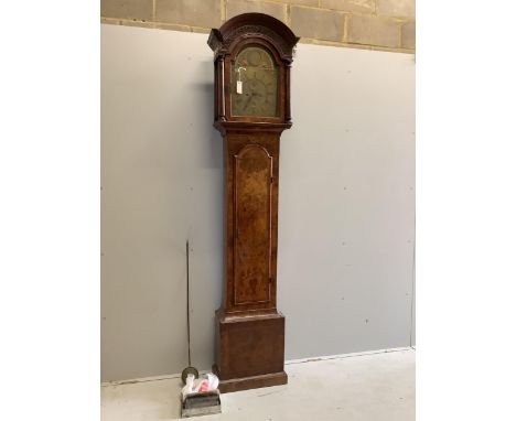 A George II walnut and feather banded longcase clock, Christopher Pinchbeck, London, height 237cm. Condition - poor Hood is i