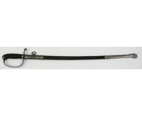 A Dutch police officer’s sword, D-shaped iron guard in its steel mounted leather scabbard, blade 69cm. Condition - fair, heav