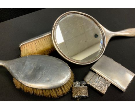 Silver - a small cigarette case, Birmingham 1929;  matched dressing table set, mirror, brush and hair brush;  Thorens silver 