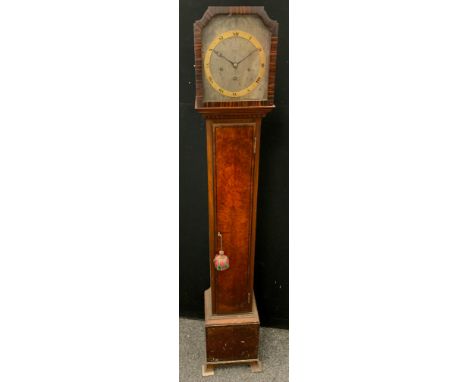 An early 20th century small longcase clock, 30 hour chiming movement, silver metal face, with brass chapter ring, black roman