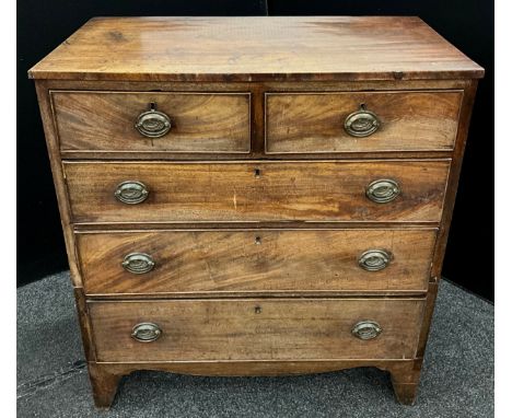 A George III mahogany chest of drawers, two short, above three graduated drawers, splayed bracket feet, 103.5cm high x 93.5cm