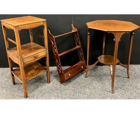 An Edwardian mahogany octagonal side table, 72cm high x 55cm x 55cm;  a19th century mahogany lamp table;  wall mounted shelf 