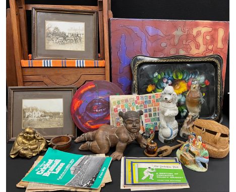 A deck chair, carved rail,  Toleware tray,  Krasoaski, Sugar Lips, signed, circular oil on canvas;  K Blake The Search for Pe