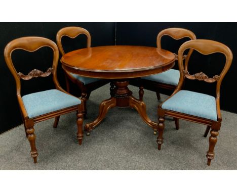 A Victorian mahogany circular tilt top breakfast table, turned column, tripod feet, 72.5cm high, 192cm diameter;  set of four