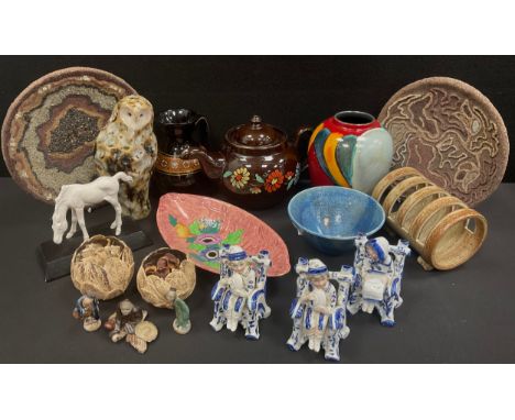 Ceramics - Raku bubble glazed bowl, Poole Volcano vase, pair of sand and stone gravel freeform plates;  stoneware owl, studio