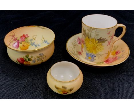 Royal Worcester plush ivory ware comprised of; coffee can and saucer, c.1890, lidded pot,c.1905, smaller vase (3) 