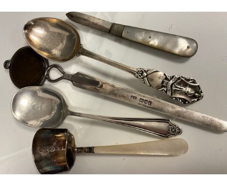A George III silver caddy spoon, mother of pearl handle, Samuel Pemberton, Birmingham 1806; A Barrett &amp; Sons coin topped 