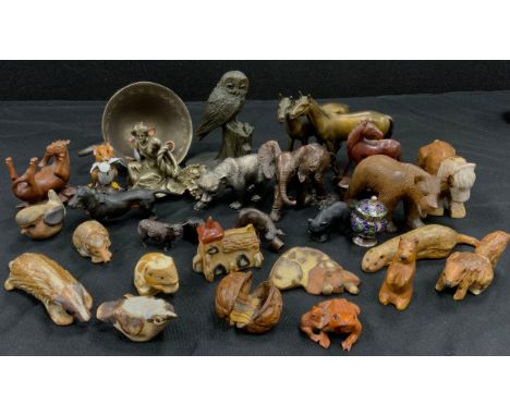 Treen - Black Forest bear,10cm long, others similar; Chinese hardwood Netsuke as horses; Bergman style cold painted dachshund