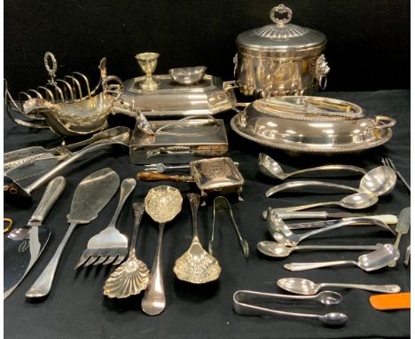 Silver plate - a Victorian/Edwardian Viking long boat/Gondola shaped six division toast rack;  Falstaff ice bucket;  two entr