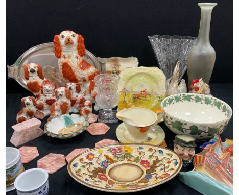 Ceramics and glass -  Staffordshire spaniels, Victorian cut glass vases,  set of six alabaster coasters, plinth, Poole drip g