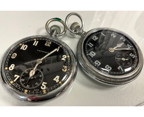 A World War II leonidas G.S.T.P pattern pocket watch, black dial, Arabic numerals, board Arrow and serial number U877;  anoth