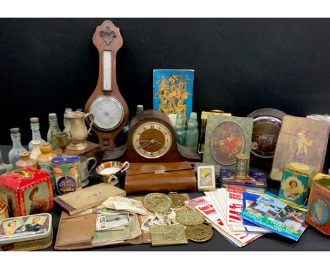 Cod and other bottles;  a Tins;  Clocks, barometer, Football programmes &amp; Ephemera inc Sheffield Wednesday etc ;  Cromfor