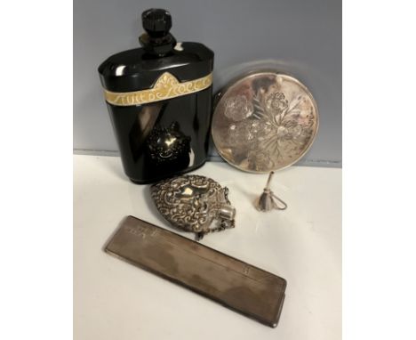 An Elizabeth II silver compact, Birmingham 1983; silver backed comb;   Caron La Nuit de Noel Baccarat glass perfume bottle an