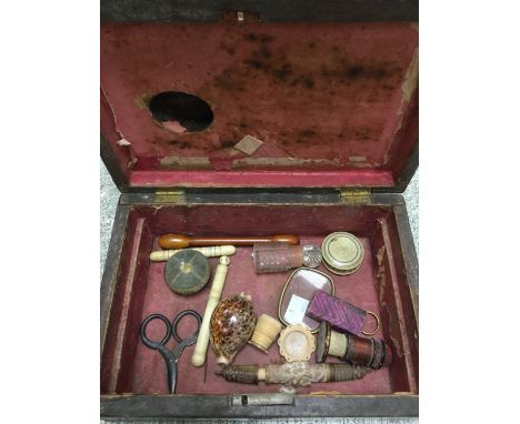 Boxes and Objects - a bone stanhope viewer; a circular bone pin cushion; others, needle case, bodkin, viewing lens, etc; a 19