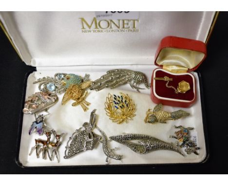 Costume Jewellery - a silver and enamel insect brooch; others deer, donkey; etc a marcasite peacock brooch; others birds, liz