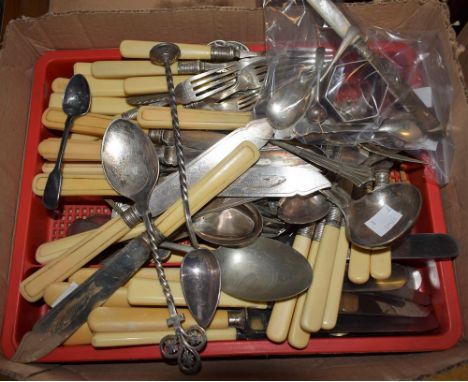 A silver napkin ring, silver butter knives, silver condiment spoon, two silver teaspoons; qty, other EP and stainless steel f