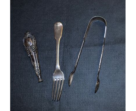 A pair of silver sugar tongs, London hallmarks; a George III fork; etc, 118g gross (3)