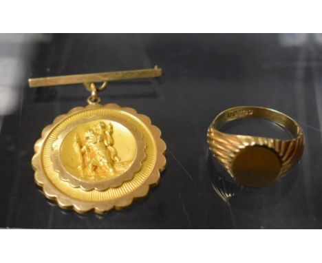 A 9ct gold St Christopher fob; a 9ct gold signet ring, 17.2g 