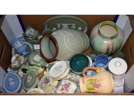 Ceramics - blue and green Wedgwood jasperware including jugs, trinket dishes, vases, etc; a Denby Ferndale vase, another Sylv