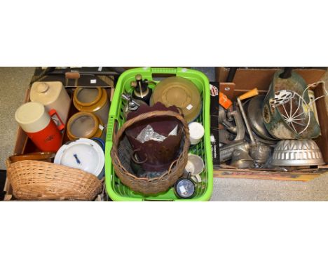 Kitchenalia - an enamel flour bin; wire bound soda syphon; mincers; bunt tins; pastry cutters; etc
