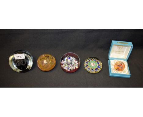 A Strathearn millefiori paperweight, boxed; another millefiori paperweight; others, Caithness commemorative paperweight, etc 