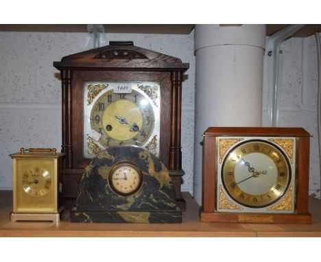 An oak bracket clock, arabic numerals, twin winding holes; others, patterned stone mantel clock, etc (4)