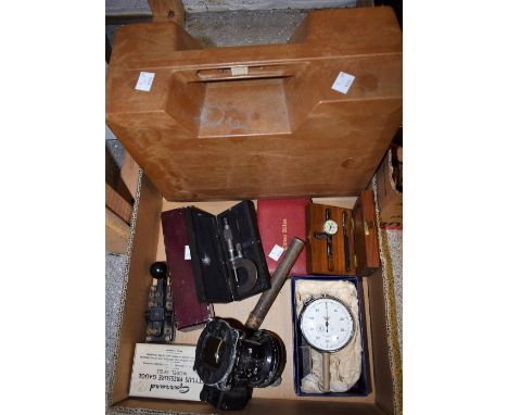 Scientific Instruments - a micrometer, Garrard stylus pressure gauge; a Times Atlas magnifier; Verdict model b dial gauge; Be