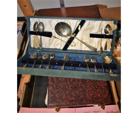 Flatware - a partial canteen of Victorian silver-plated and ivorine-hafted fish knives and forks, rounded rectangular mahogan