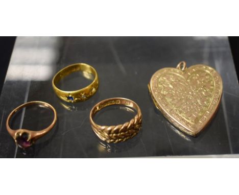 A diamond and sapphire ring, 22ct 14g; a 9ct gold ring, 5g; another yellow metal, 1g; etc 