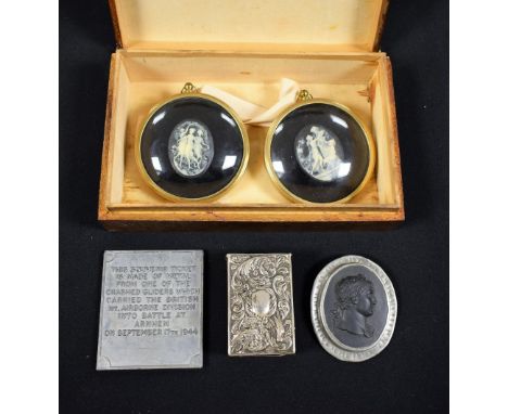 Boxes and Objects - a carved lava/basalt cameo brooch, Roman Emperor; a Battle of Arnhem ticket panel, made from crashed glid